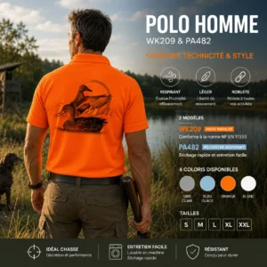 Polo de chasse Canard personnalisé homme, porté en action