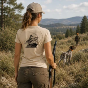 T-shirt de chasse Canard personnalisé — femme, porté en action