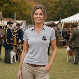 Polo de chasse Canard personnalisé femme, coloris gris clair, porté en taille L