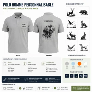 Polo de chasse Chevreuil personnalisé homme, ce qui se personnalise : photo, deux textes et le motif chevreuil