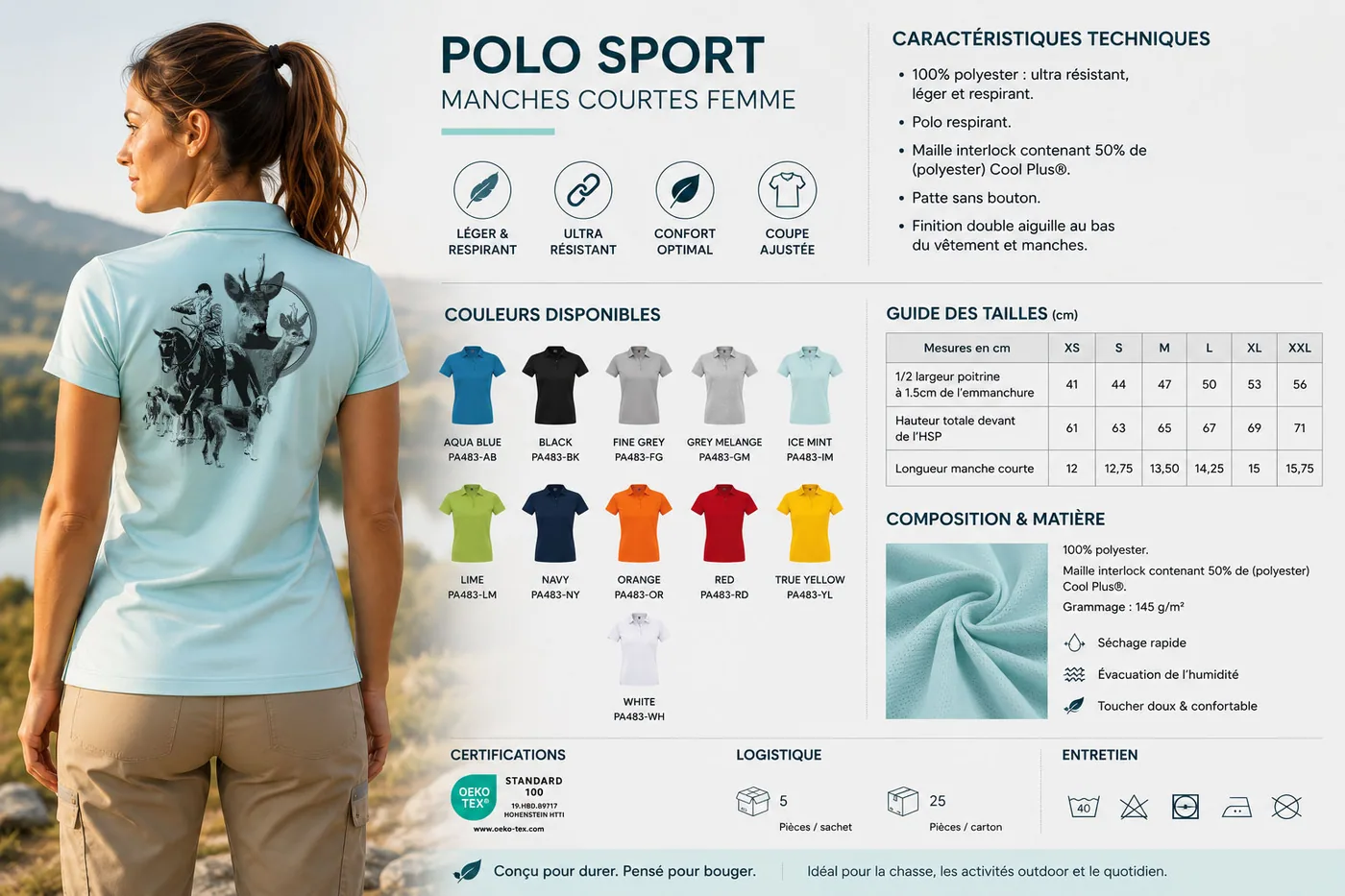 Fiche technique : polo de chasse femme — matière, membrane et guide des tailles