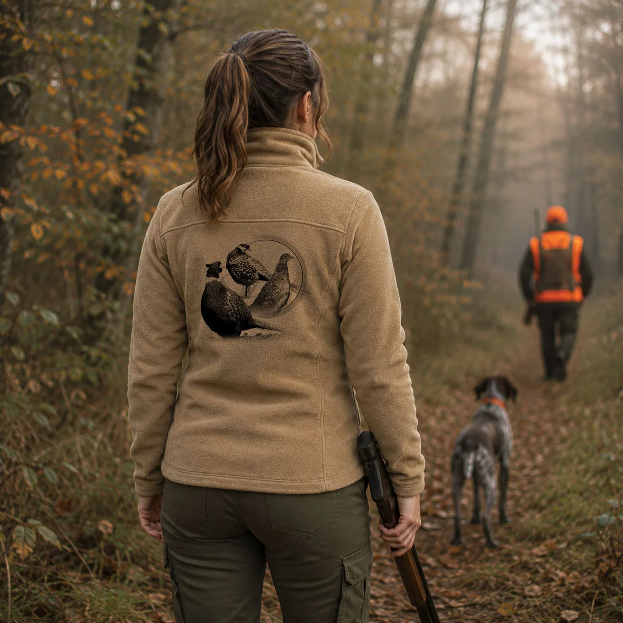 Motif faisan, deux coqs et une poule, imprimé en grand dans le dos d'une veste polaire de chasse femme