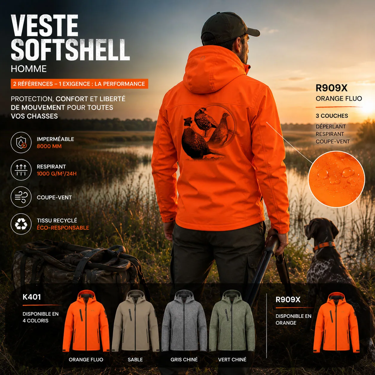 Motif faisan, deux coqs et une poule, imprimé en grand dans le dos d'une veste softshell de chasse