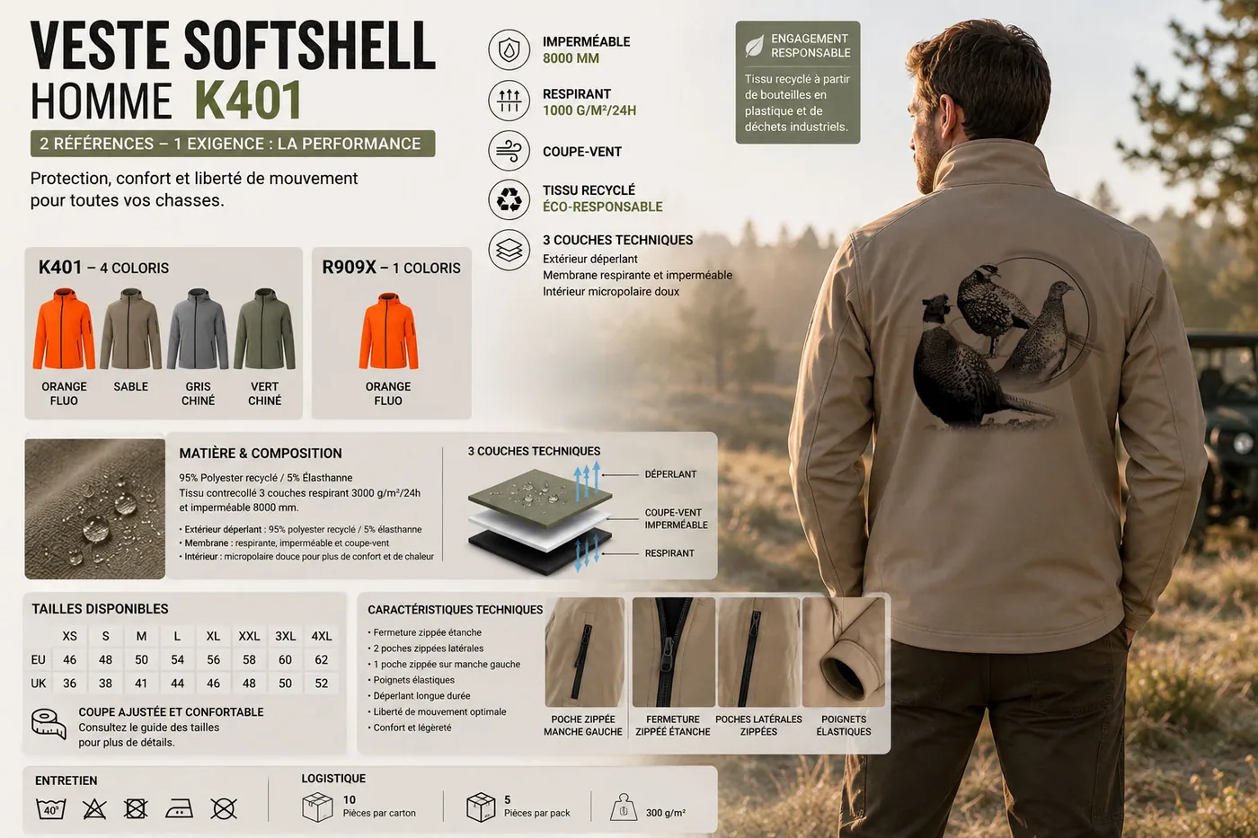 Fiche technique : veste softshell de chasse homme — matière, membrane et guide des tailles