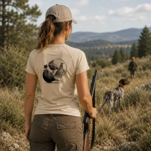 T-shirt de chasse Faisan personnalisé — femme, porté en action