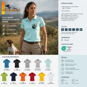 Polo de chasse Faisan personnalisé femme, la planche du modèle : caractéristiques et coloris