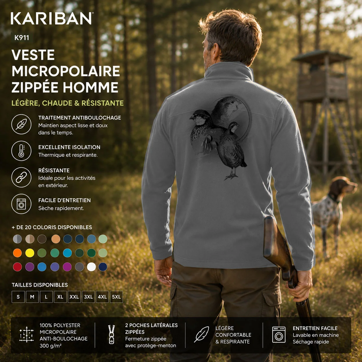 Veste polaire de chasse Perdrix personnalisée, portée en action