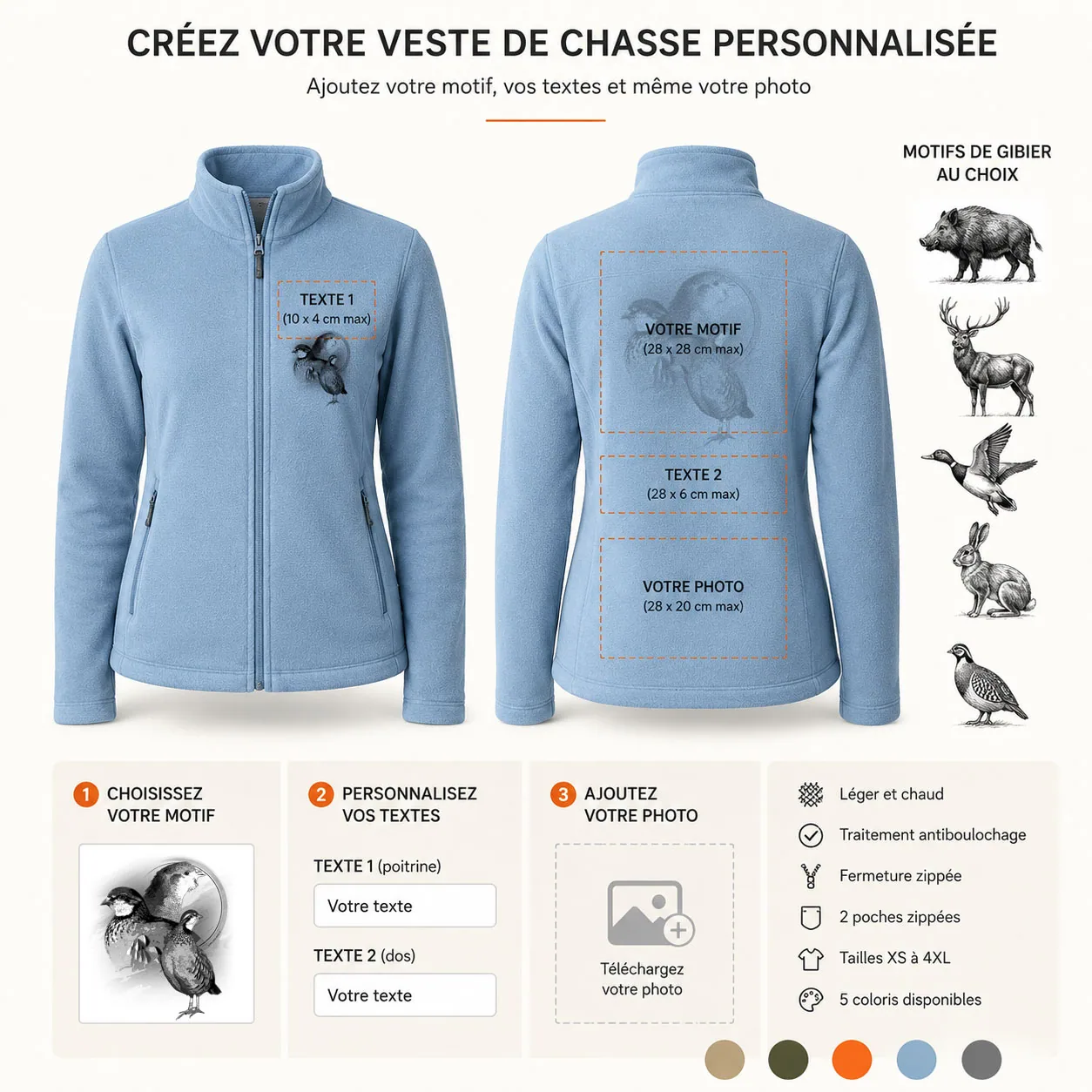 Veste polaire de chasse Perdrix personnalisée femme, ce qui se personnalise : photo, textes et motif