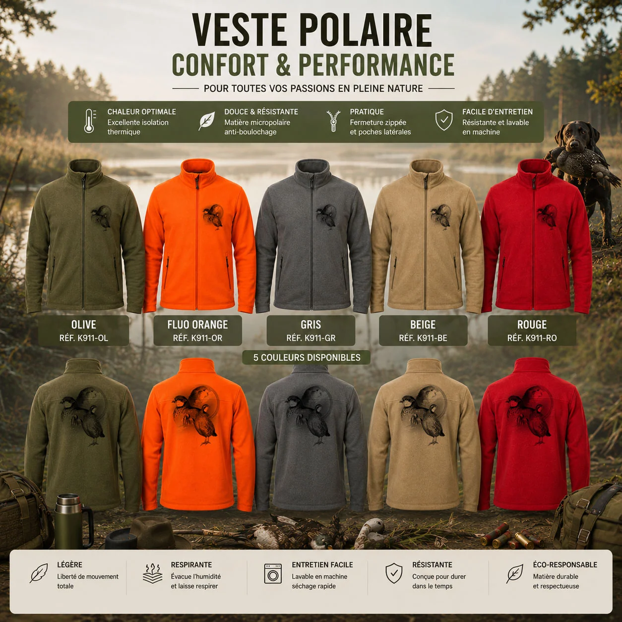 Veste polaire de chasse perdrix, les cinq coloris avec le motif sur le cœur