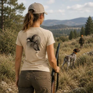 T-shirt de chasse Perdrix personnalisé — femme, porté en action