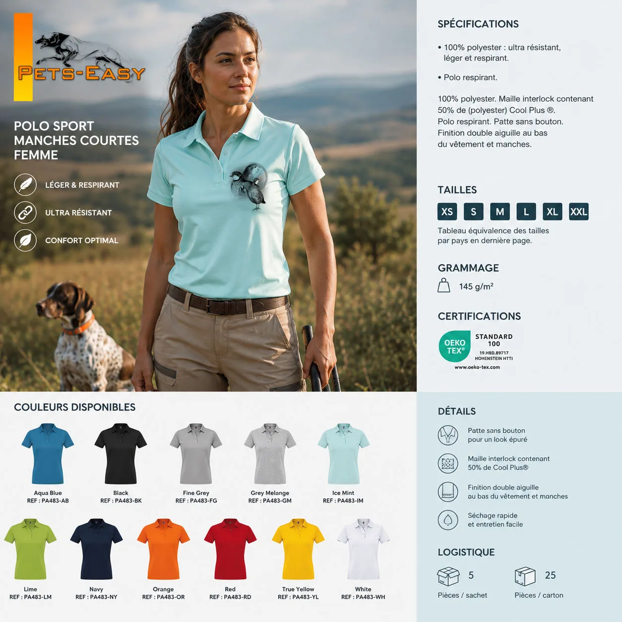 Polo de chasse Perdrix personnalisé femme, la planche du modèle : caractéristiques et coloris