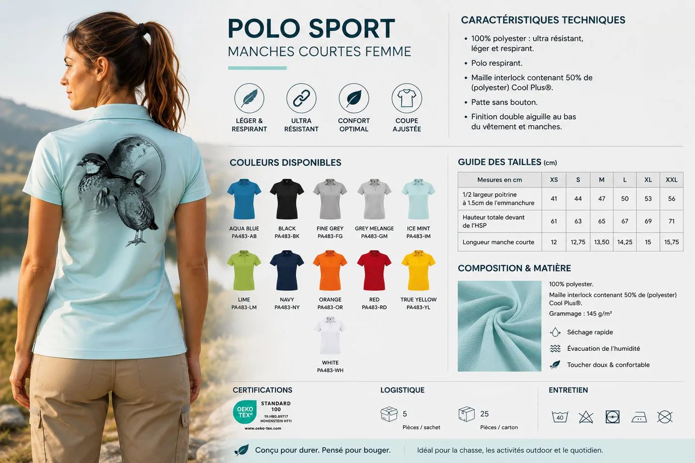 Fiche technique : polo de chasse femme — matière, membrane et guide des tailles