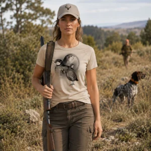 T-shirt de chasse Perdrix personnalisé — femme, motif perdrix + texte au choix