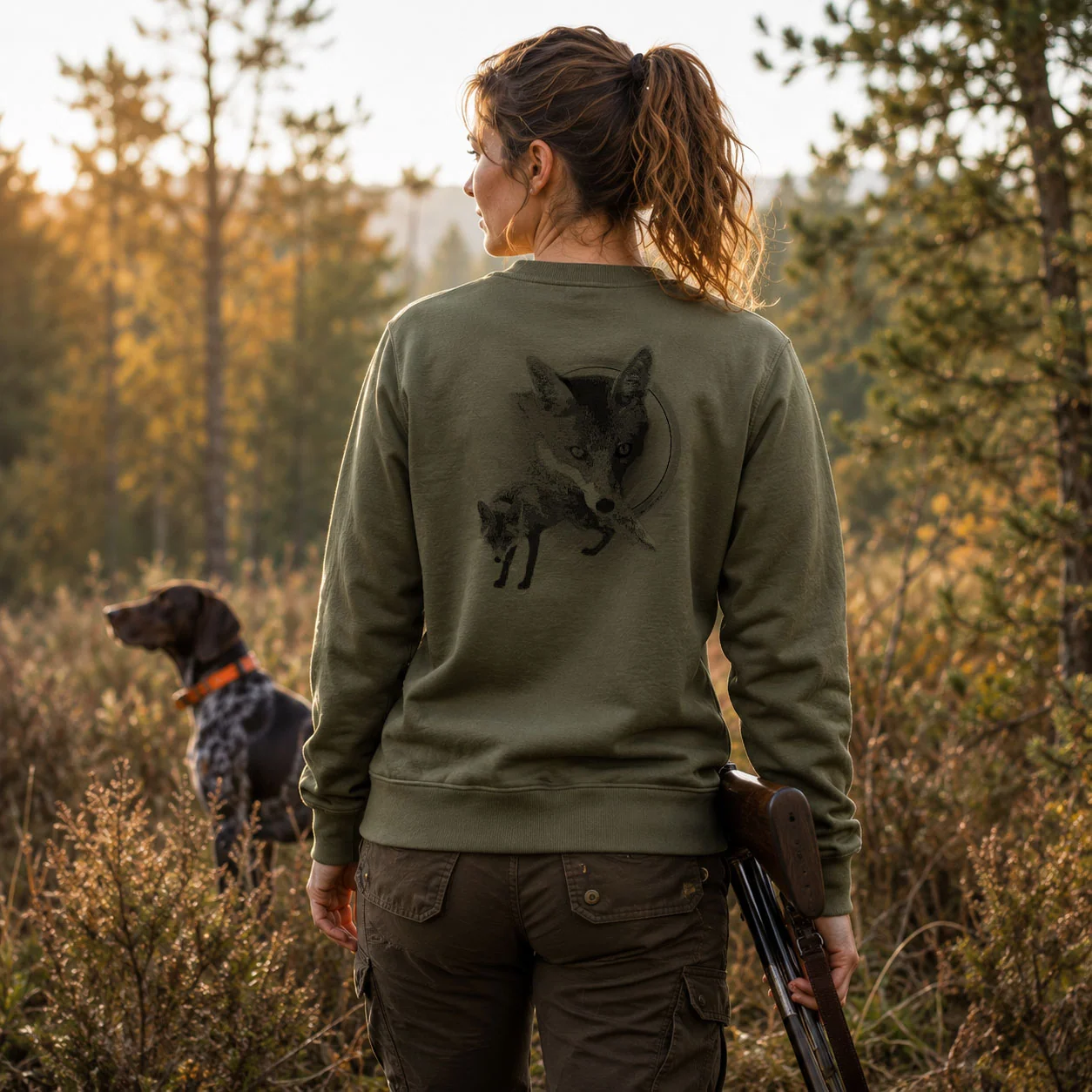 Sweat de chasse femme renard personnalise, porte en action