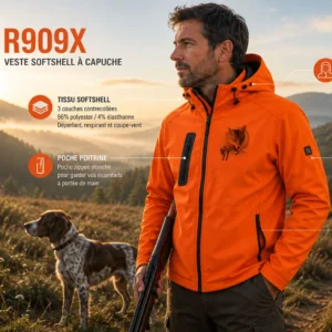 Veste softshell de chasse Renard personnalisée homme, modèle R909X à capuche