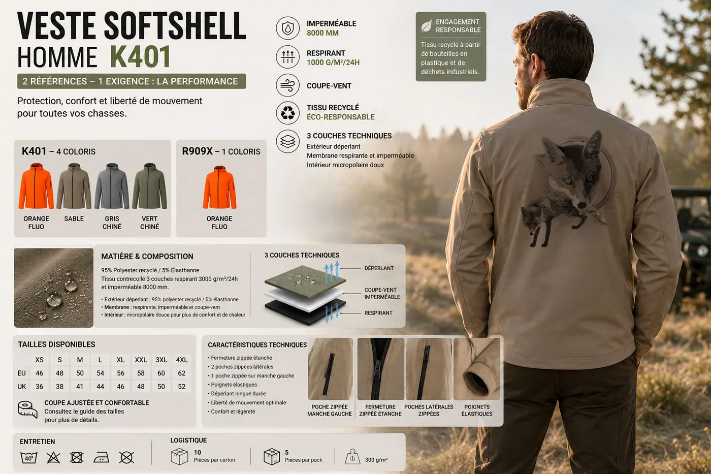 Fiche technique : veste softshell de chasse homme — matière, membrane et guide des tailles