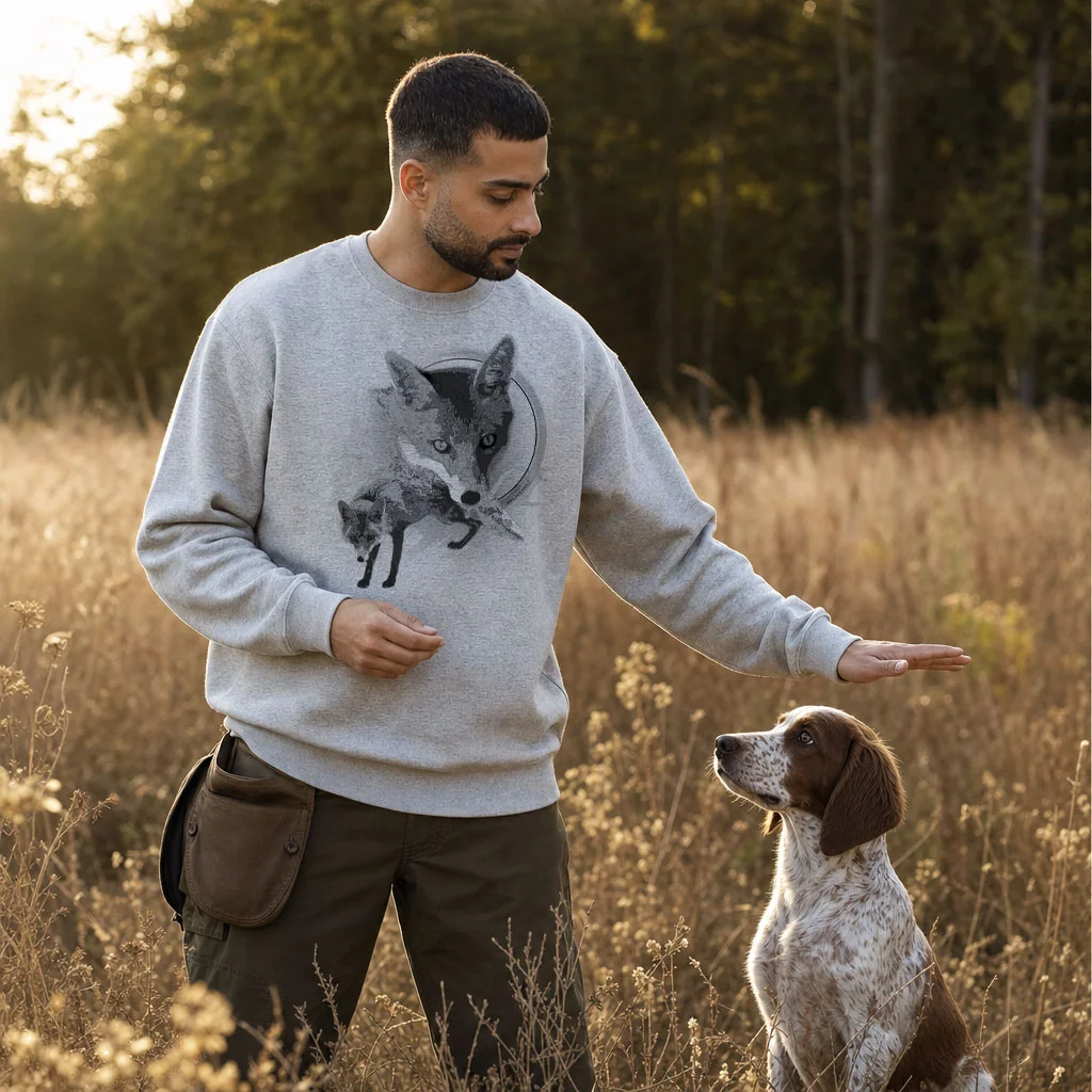 Sweat de chasse homme renard personnalise, gris chine M