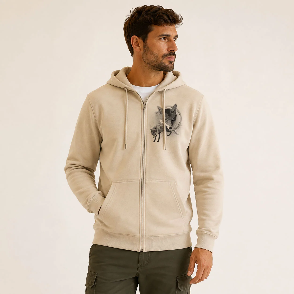 Sweat de chasse homme renard personnalise, motif renard + texte au choix