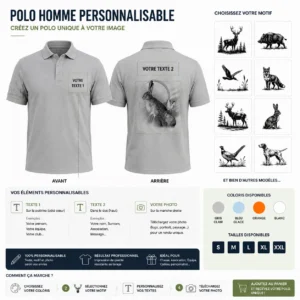 Polo de chasse Lièvre personnalisé homme, ce qui se personnalise : photo, deux textes et le motif lièvre