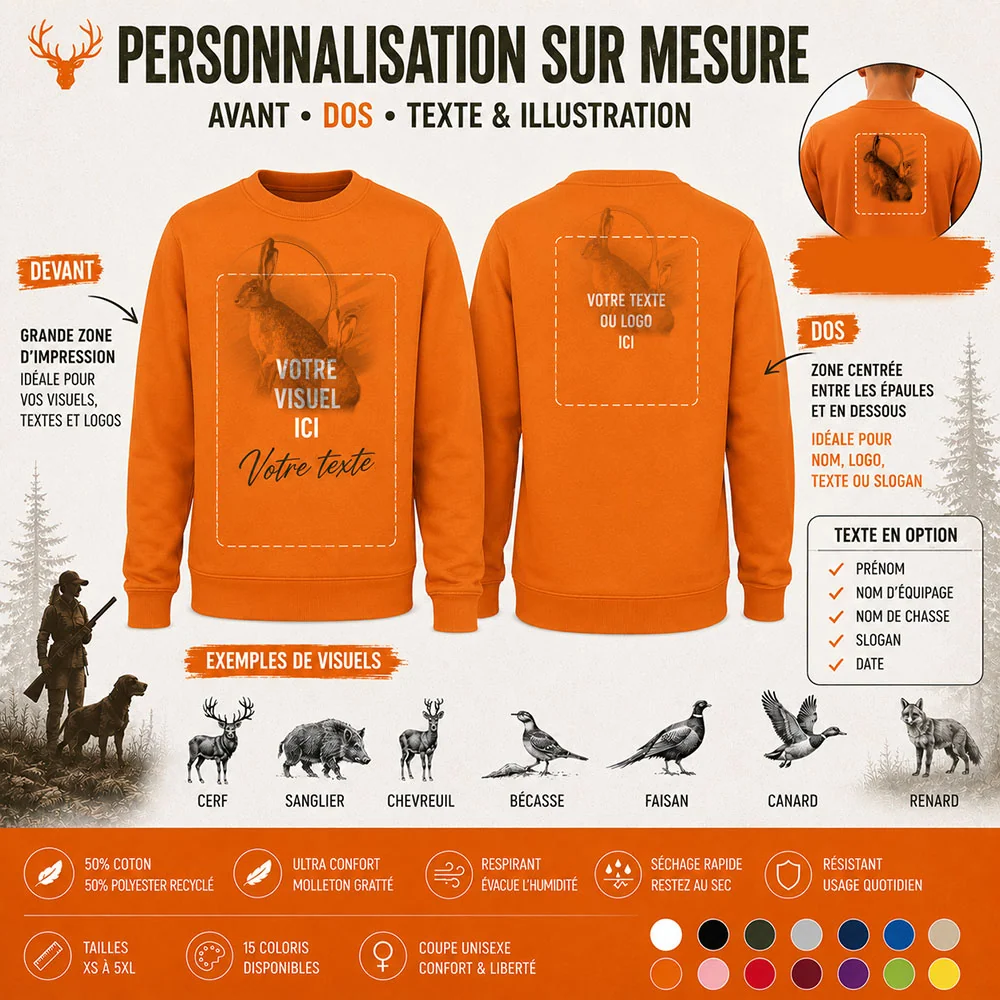 Sweat de chasse homme lievre personnalise, vu de dos