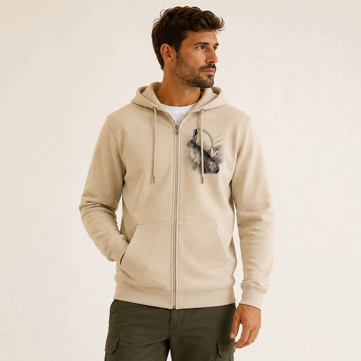 Sweat de chasse homme lievre personnalise, motif lievre + texte au choix