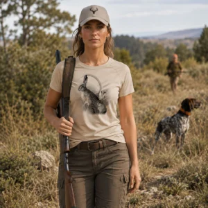 T-shirt de chasse Lièvre personnalisé — femme, motif lièvre + texte au choix