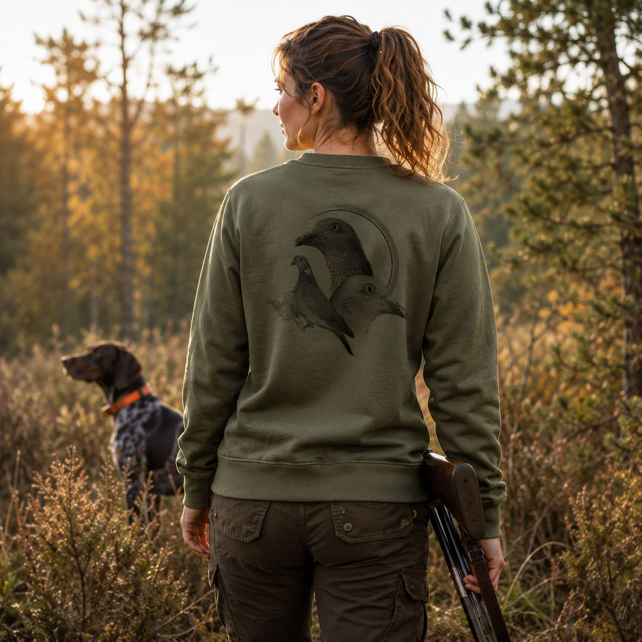 Sweat de chasse femme palombe personnalise, porte en action