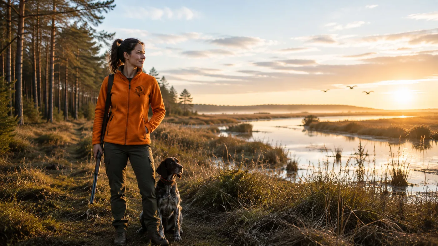 Veste polaire de chasse palombe porté sous les pins à l'automne