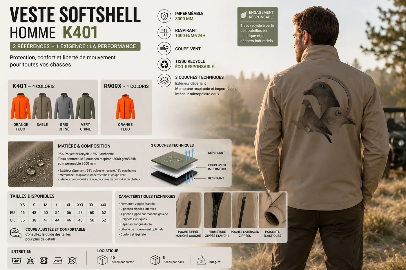 Fiche technique : veste softshell de chasse homme — matière, membrane et guide des tailles
