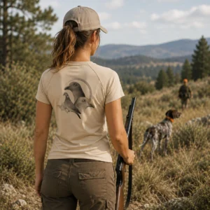 T-shirt de chasse Palombe personnalisé — femme, porté en action
