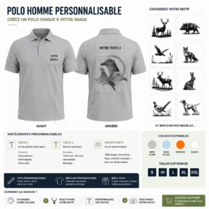 Polo de chasse Palombe personnalisé homme, ce qui se personnalise : photo, deux textes et le motif palombe