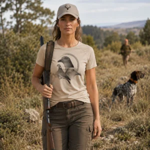 T-shirt de chasse Palombe personnalisé — femme, motif palombe + texte au choix