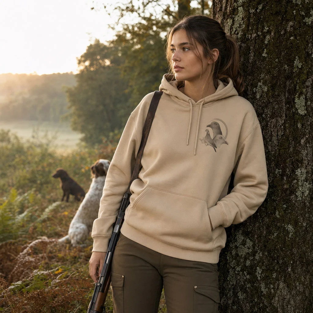 Sweat de chasse femme palombe personnalise, motif palombe + texte au choix