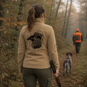 Veste polaire de chasse Blaireau personnalisée femme, portée en forêt, motif blaireau en grand dans le dos