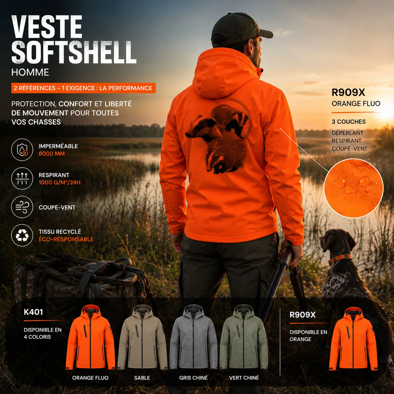 Motif blaireau, trois blaireaux au masque rayé à trois échelles, imprimé dans le dos d'une veste softshell de chasse