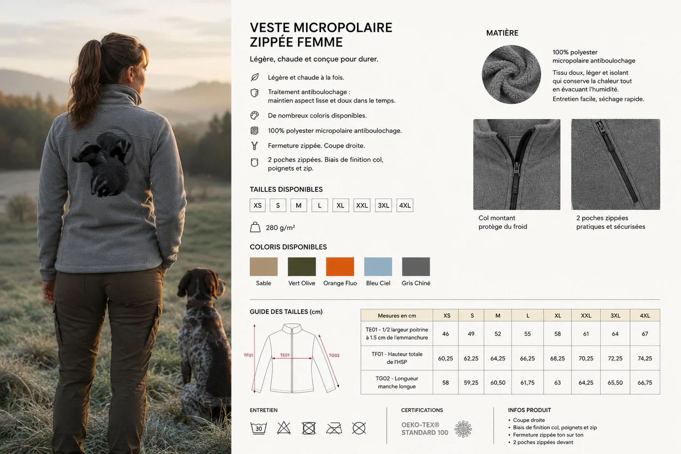 Fiche technique : veste polaire de chasse femme — matière, membrane et guide des tailles