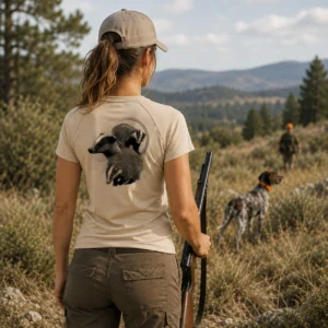T-shirt de chasse Blaireau personnalisé — femme, porté en action