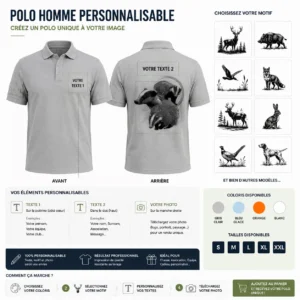 Polo de chasse Blaireau personnalisé homme, ce qui se personnalise : photo, deux textes et le motif blaireau