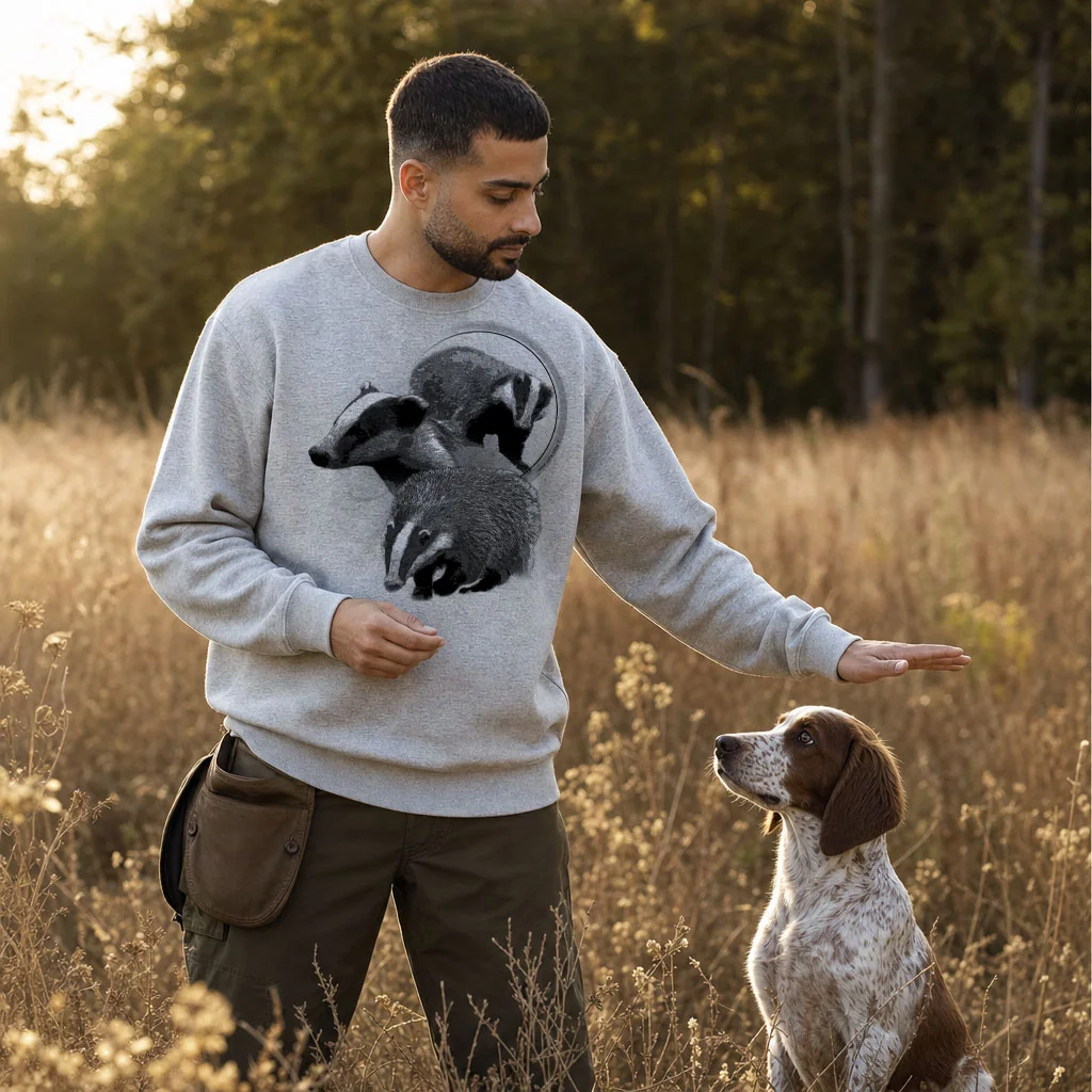 Sweat de chasse homme blaireau personnalise, gris chine M