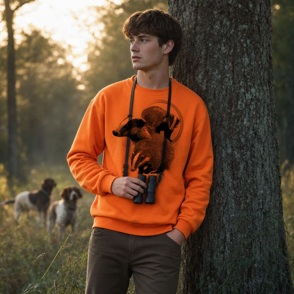 Sweat de chasse homme blaireau personnalise, orange M