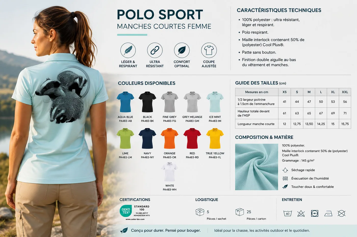 Fiche technique : polo de chasse femme — matière, membrane et guide des tailles
