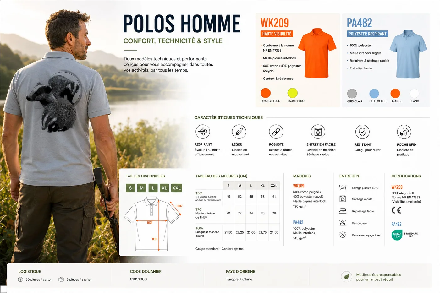 Fiche technique : polo de chasse homme — matière, membrane et guide des tailles