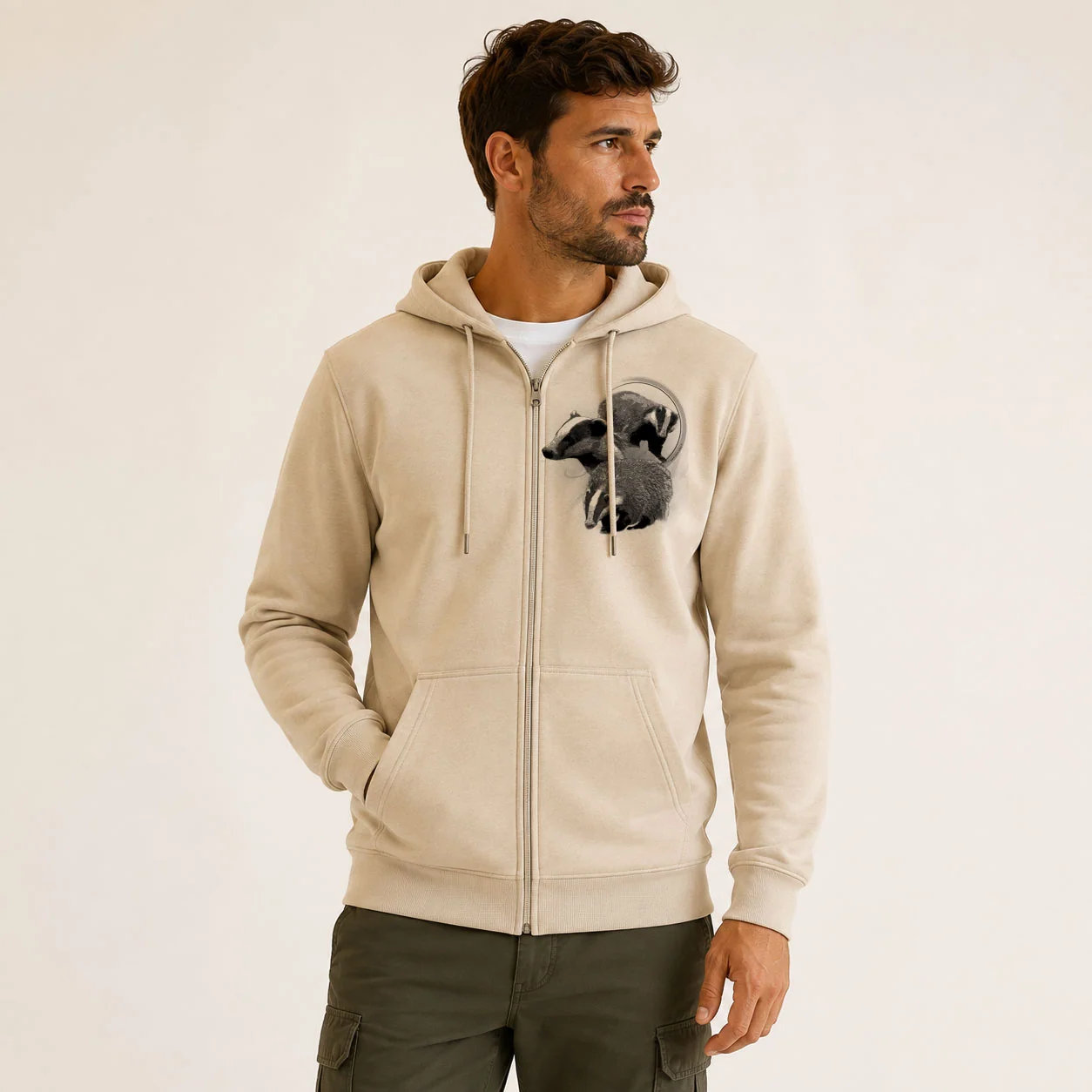 Sweat de chasse homme blaireau personnalise, motif blaireau + texte au choix