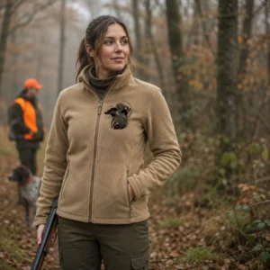 Veste polaire de chasse Blaireau personnalisée femme, motif blaireau et texte au choix