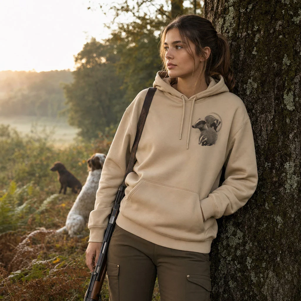 Sweat de chasse femme blaireau personnalise, motif blaireau + texte au choix