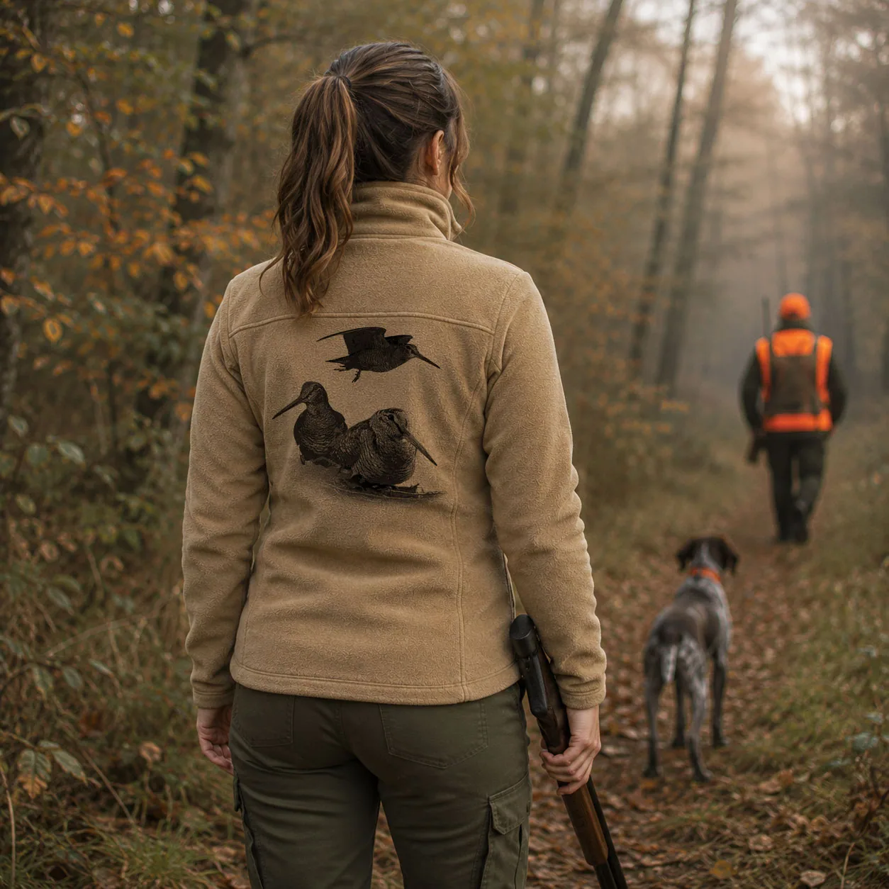 Motif bécasse, une bécasse en vol et deux posées sur les feuilles, imprimé dans le dos d'une veste polaire de chasse femme