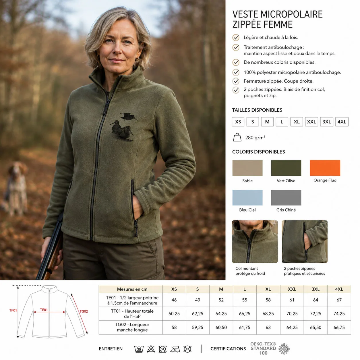 Veste polaire de chasse Bécasse personnalisée femme, la planche du modèle : caractéristiques et coloris