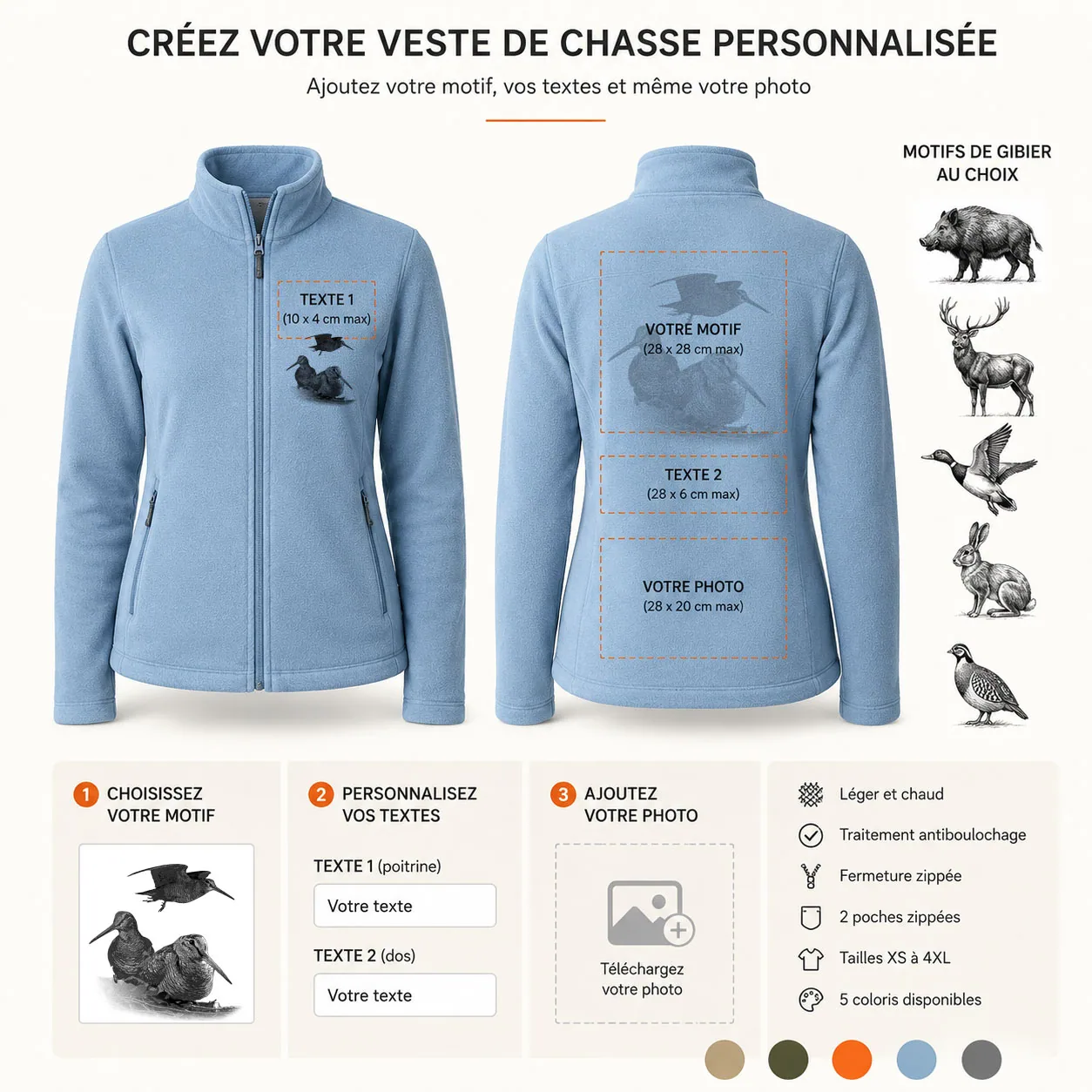 Veste polaire de chasse Bécasse personnalisée femme, ce qui se personnalise : photo, textes et motif