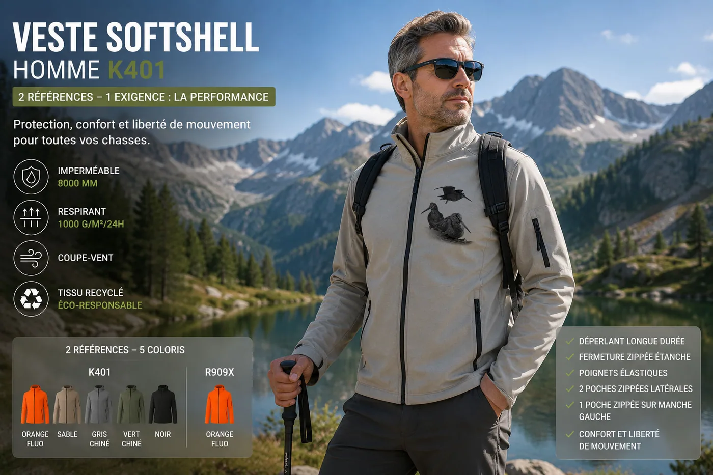 Veste softshell de chasse bécasse portée en sous-bois à l'automne