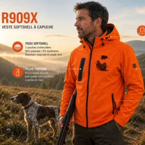 Veste softshell de chasse Bécasse personnalisée homme, modèle R909X à capuche